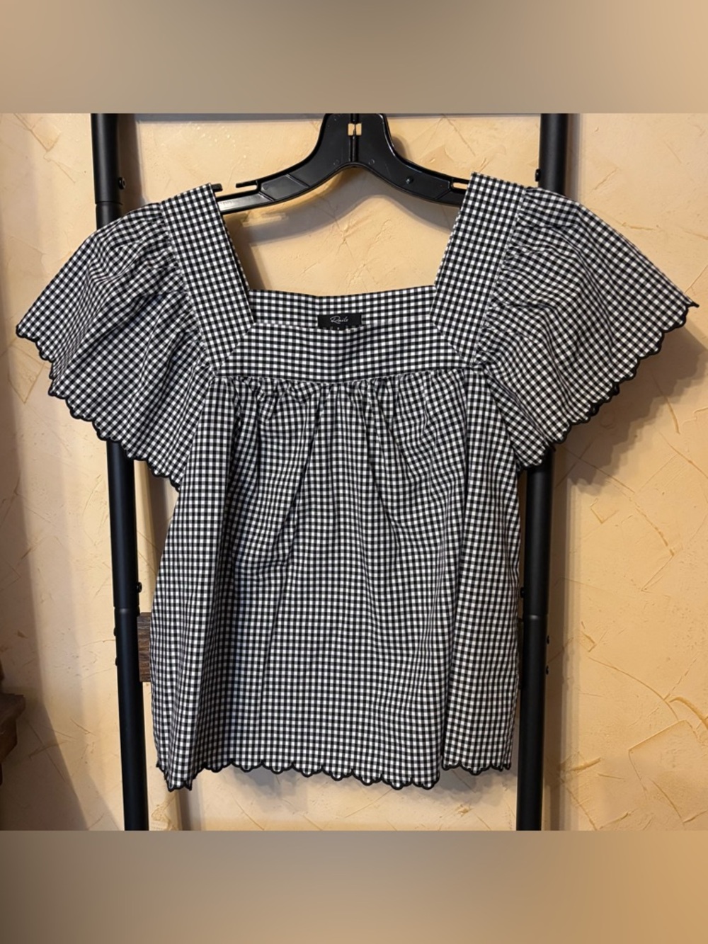 Rails Size S Gingham Square-Neck Ruffle Sleeve Top - Black & White